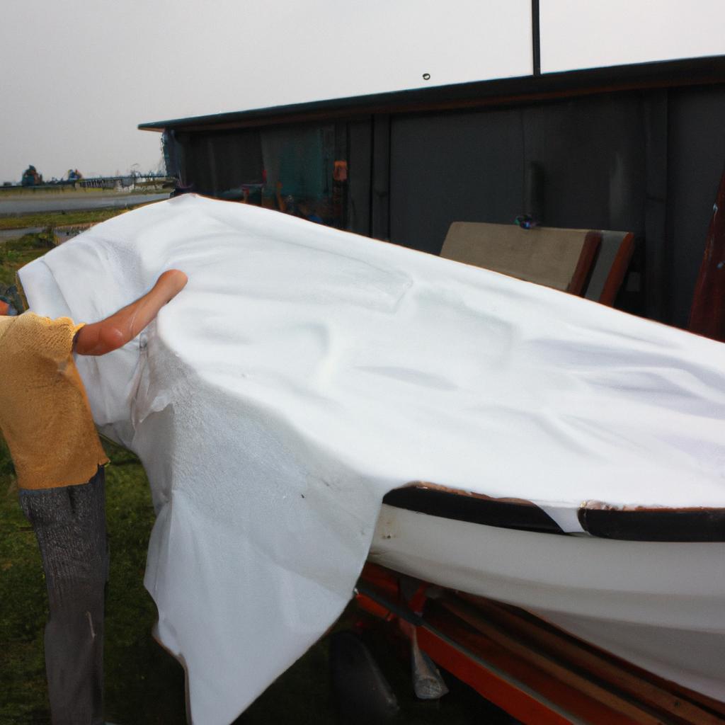 Person wrapping boat with cover