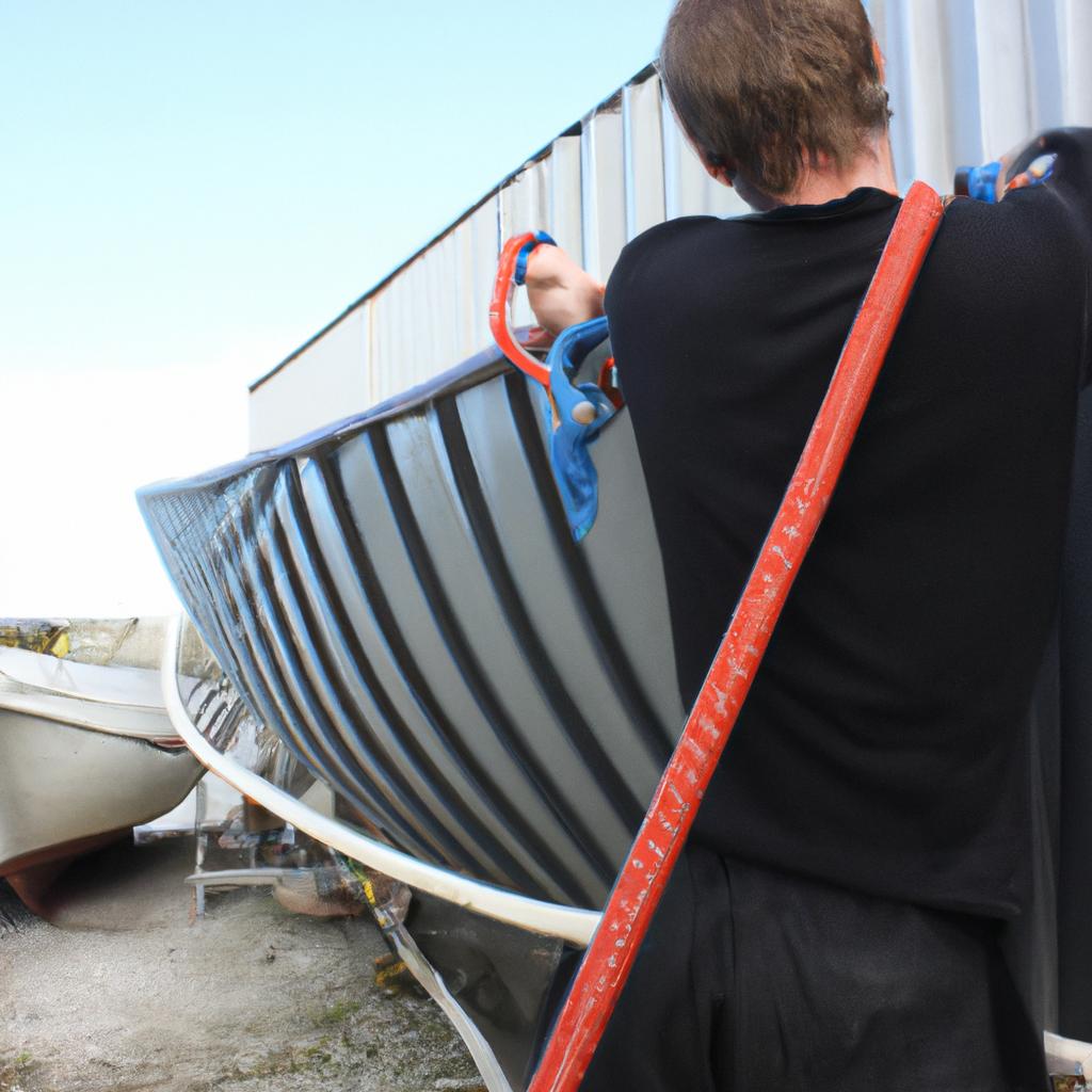 Person securing boat in storage