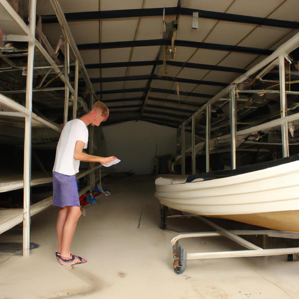Person accessing indoor boat storage