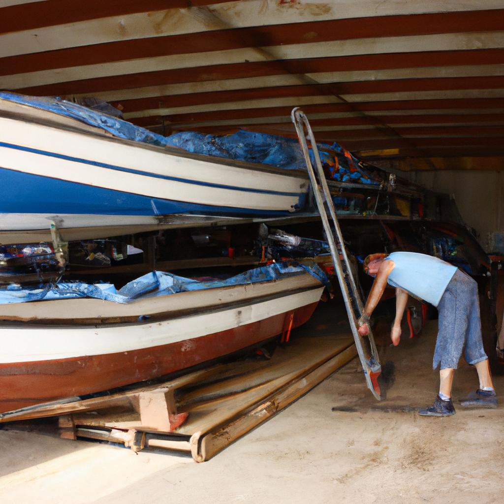 Person organizing boat in storage