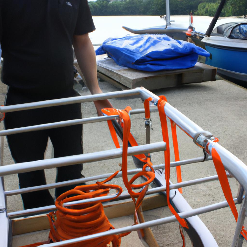 Person handling boat storage equipment